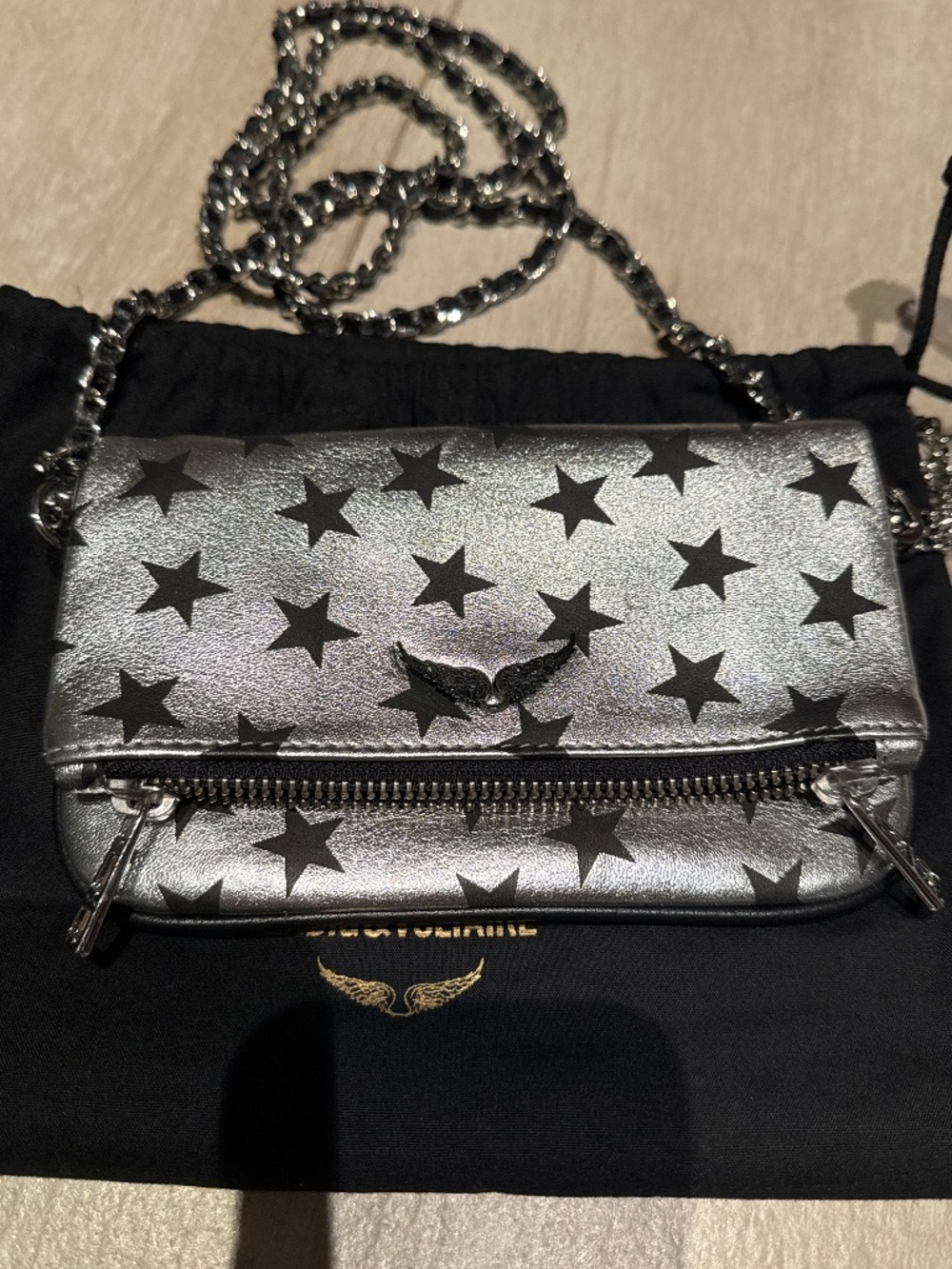 Zadig & Voltaire Rock Nano Stars silver and black leather crossbody chain bag